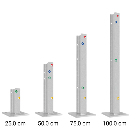 M-Pfosten 25 cm, 50 cm, 75 cm, 100 cm im Vergleich der Größe nach sortiert